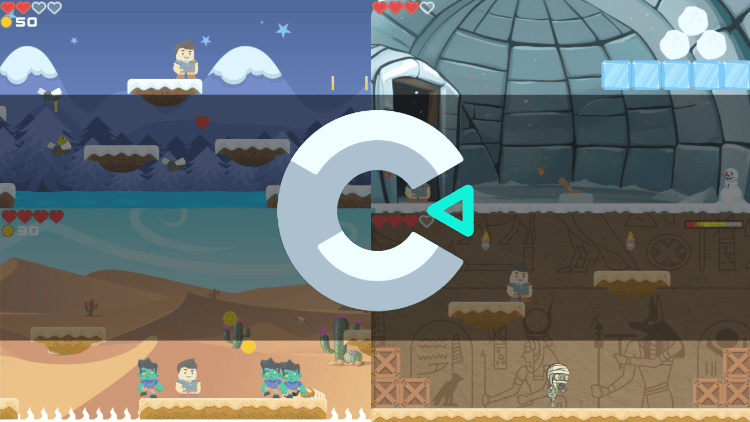 Montagem com as telas do jogo criado no curso Construct 3 - Criando Mundos Incríveis em Jogos de Plataforma