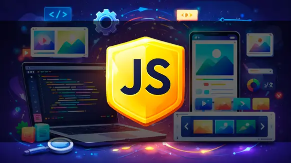 Montagem com um escudo da linguagem JavaScript por cima de ilustrações de um notebook e smartphones