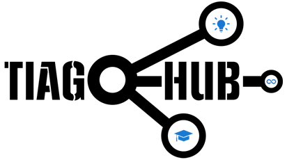 Logo do TiagoHub, com ícones de uma lâmpada, símbolo do infinito e um chapéu de formatura que representam inovação, continuidade e educação